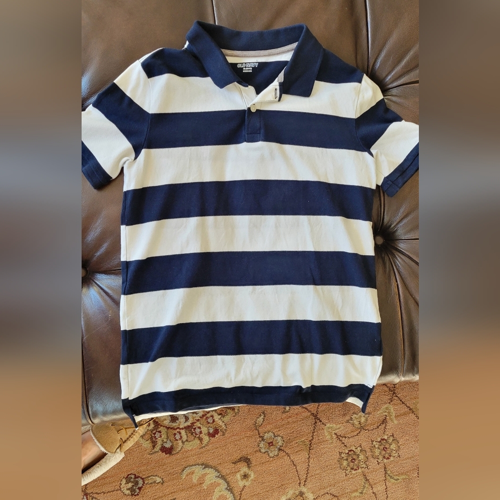 Boys Navy and white striped polo shirt.  Youth XL (14-16)